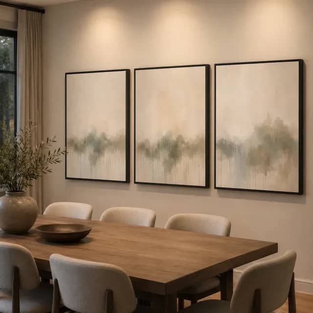 Quiet City Mist artwork in a soft bedroom with ivory and sage styling
