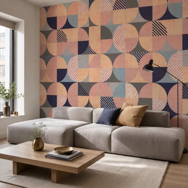 Geometric wallpaper behind a gray sofa in a modern living room
