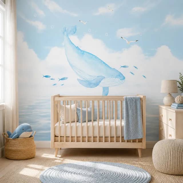 Blue whale wallpaper in a bright natural-wood nursery