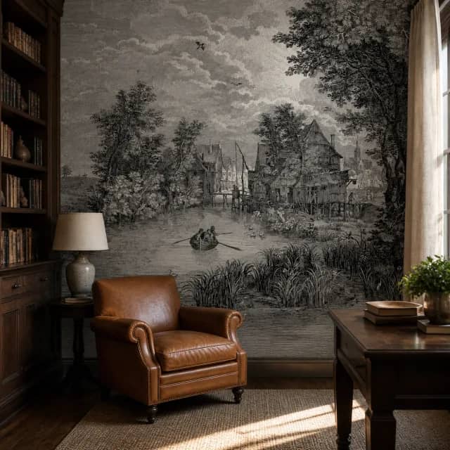 Engraved riverside village mural in a dark wood reading room