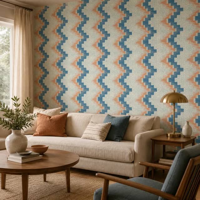 Blue geometric wallpaper installed behind a cream sofa in a living room