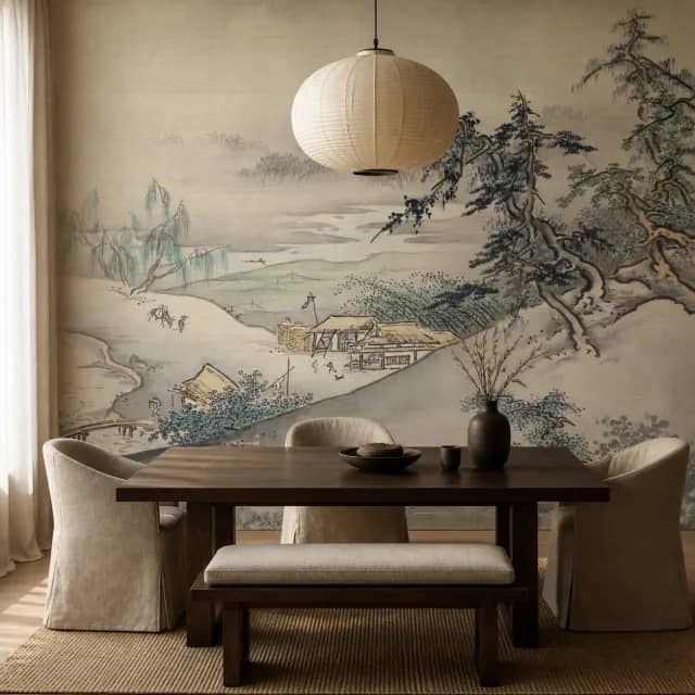 Ink landscape mural installed in a serene Japandi dining room