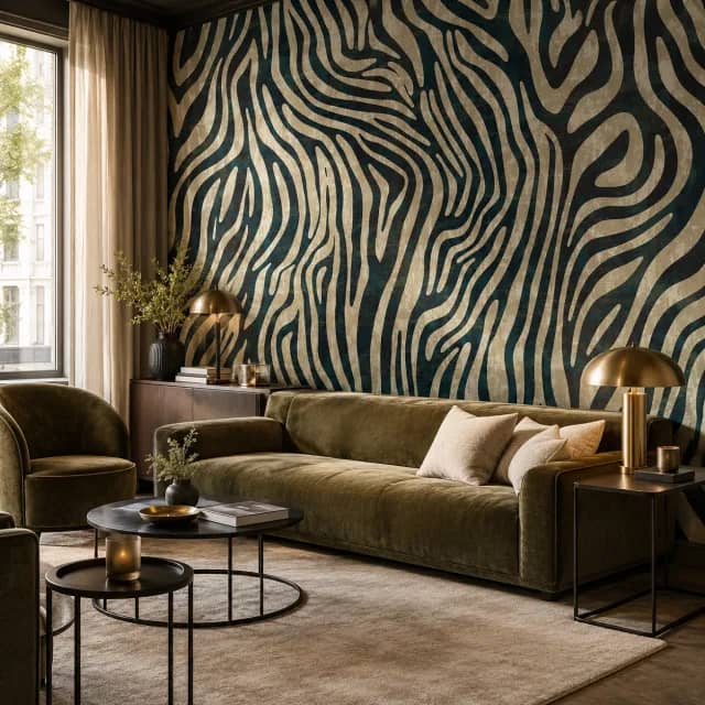 Petrol teal zebra wallpaper installed behind a velvet sofa in a boutique lounge