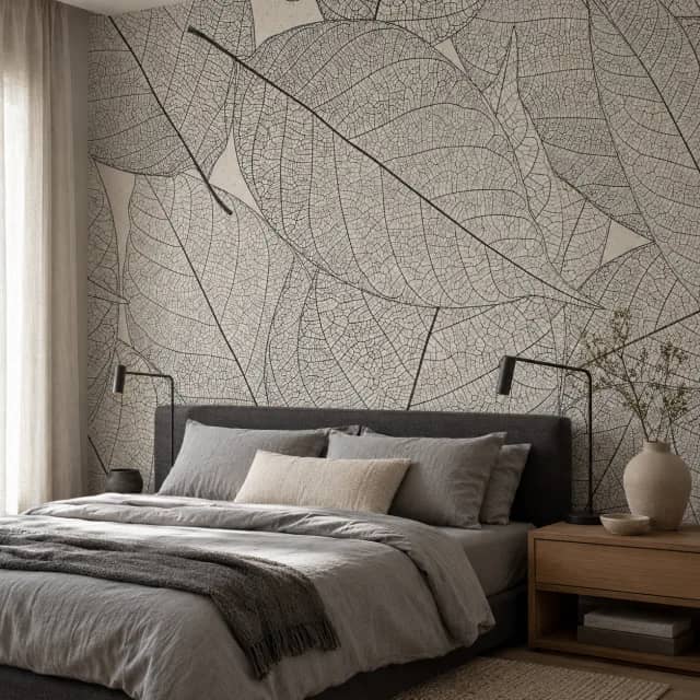Skeletal leaf wallpaper behind a gray bed in a calm bedroom