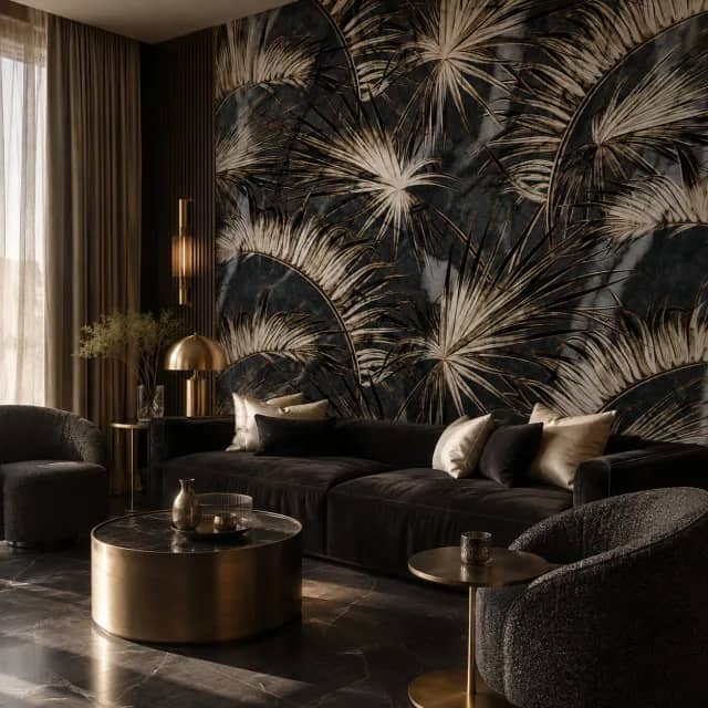 Gold palm wallpaper mural in a luxury lounge corner with a dark sofa