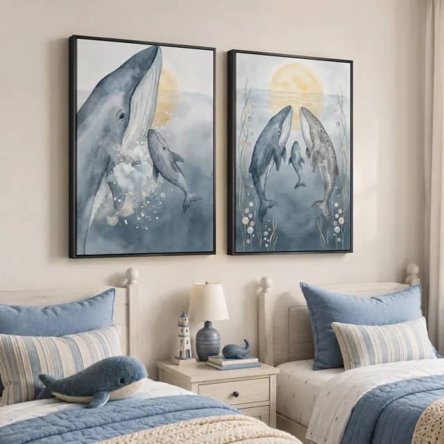 Two whale canvases in white frames styled in a children's reading corner