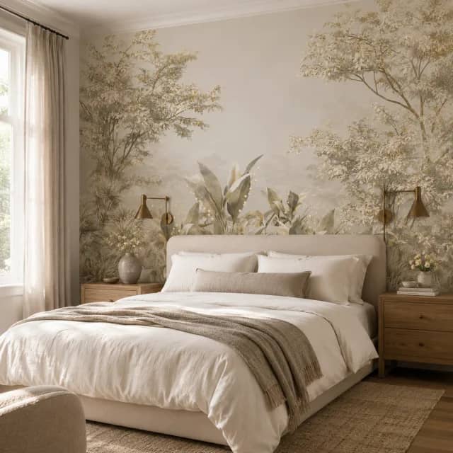 Quiet Ivory Garden wallpaper installed as a full feature wall behind an elegant bed