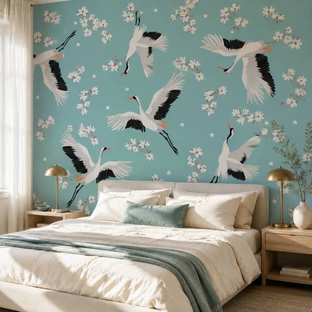 Turquoise crane wallpaper behind a bed in a calm bedroom
