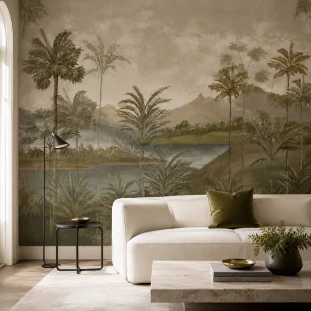Tropical palm mural wallpaper installed behind a white sofa in a calm living room