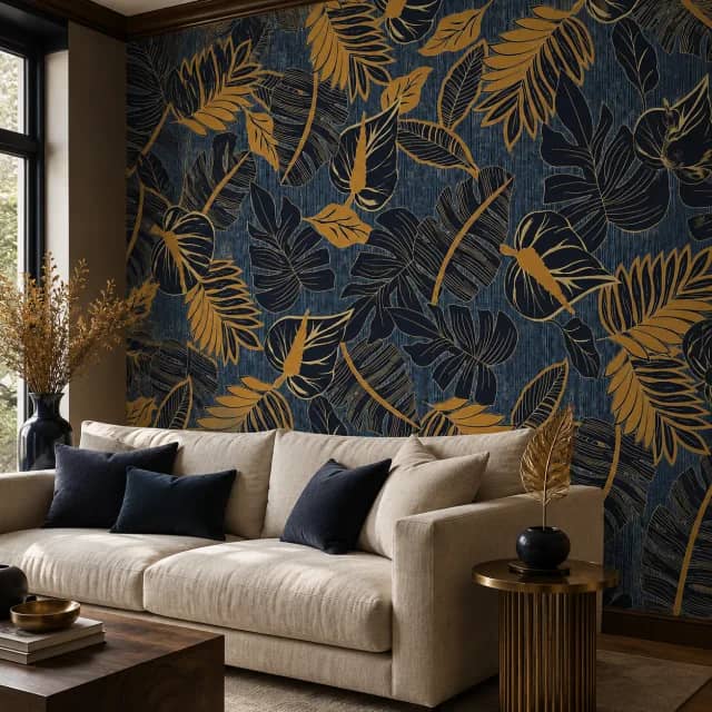 Living room with a light sofa and blue gold tropical leaf wallpaper