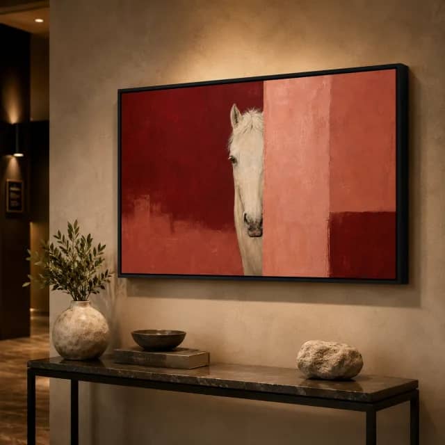 Behind the Coral Wall in a black frame above a stone console in a warm hotel entry