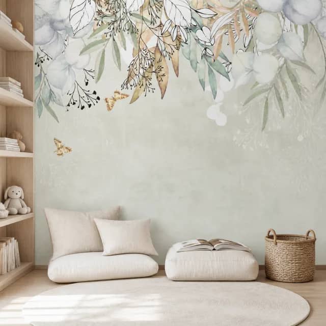 Watercolor Woodland Whisper wallpaper in a calm children's reading nook.