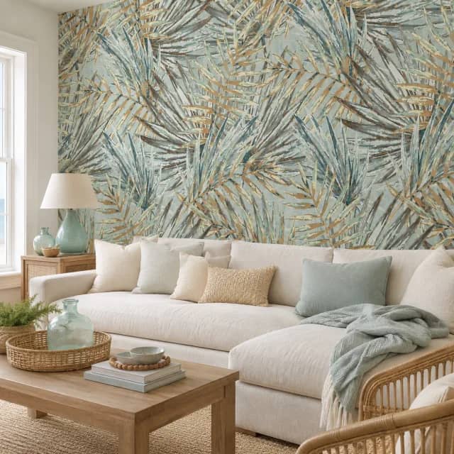 Pale aqua palm leaf wallpaper behind a light sofa in a coastal living room