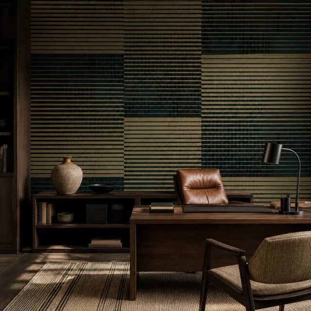 Teal beige geometric wallpaper installed in a modern walnut office