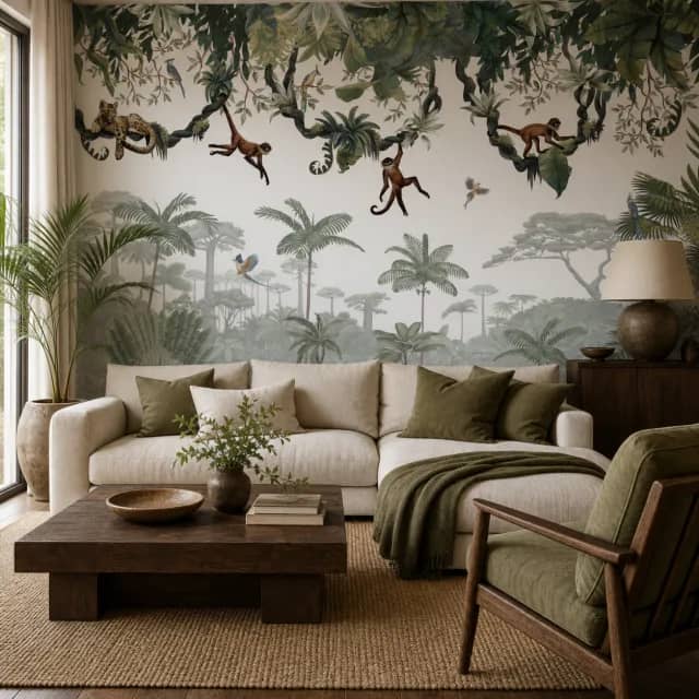 Tropical jungle animal mural in an elegant living room