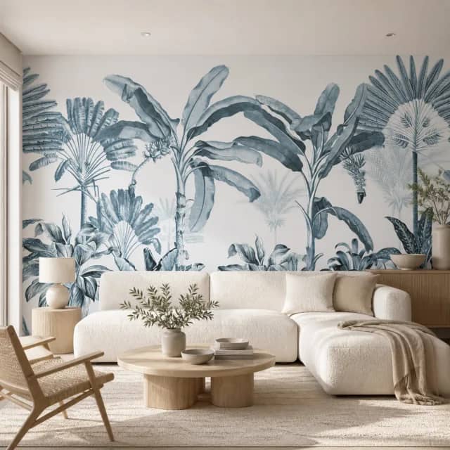 Blue Palm Garden wallpaper mural in a contemporary living room