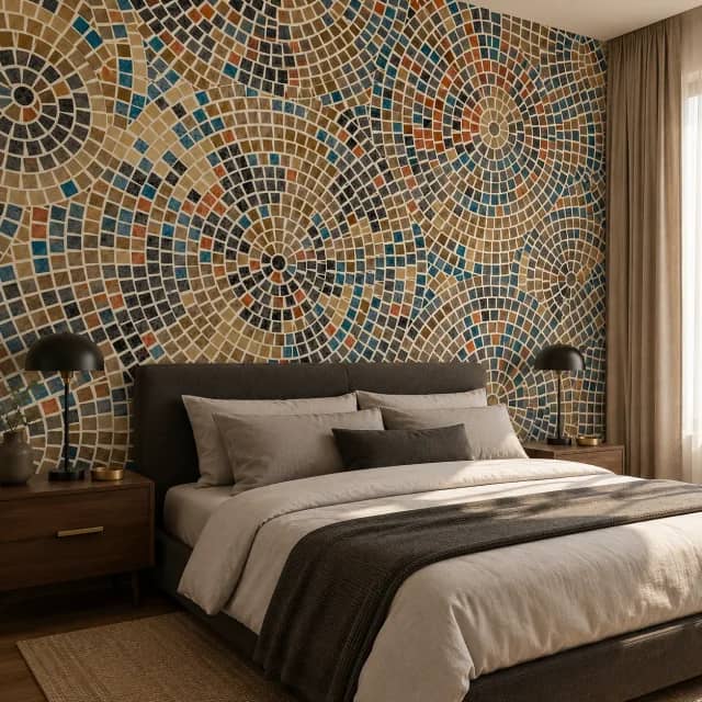 جدارية فسيفساء هندسية خلف سرير فندقي بألوان حيادية