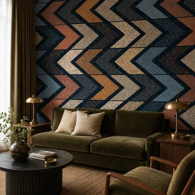 Navy chevron wallpaper installed behind an olive sofa in a warm boutique lounge