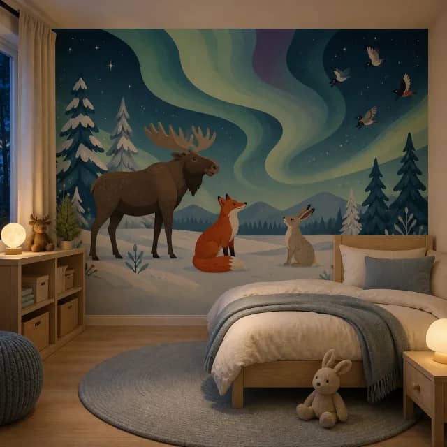 Northern lights mural on a softly lit children's bedroom wall