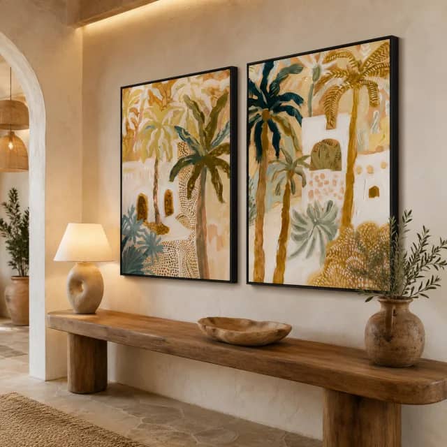 Palms of the White Arches in black frames in a warm boutique hotel entry