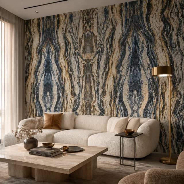 Black and gold onyx marble wallpaper installed behind an ivory sofa in a luxury lounge
