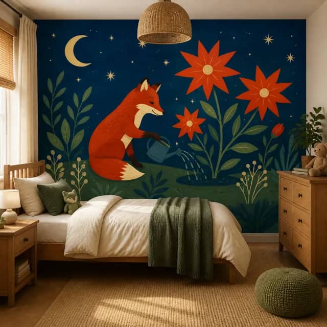 Fox and flowers mural installed in a warm children's bedroom