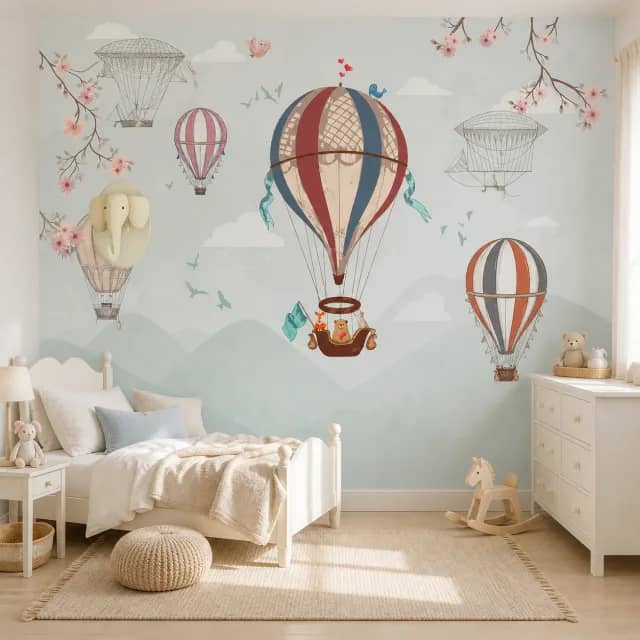 Pastel balloon mural in a bright children's bedroom