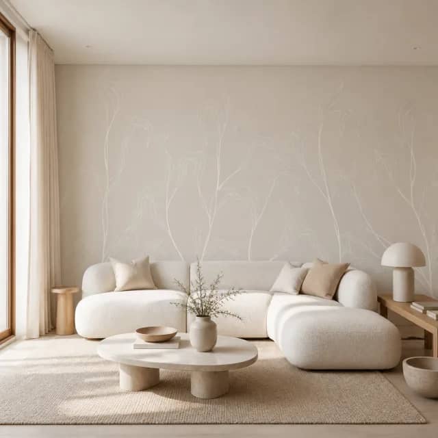 Greige leaf mural in a minimalist living room