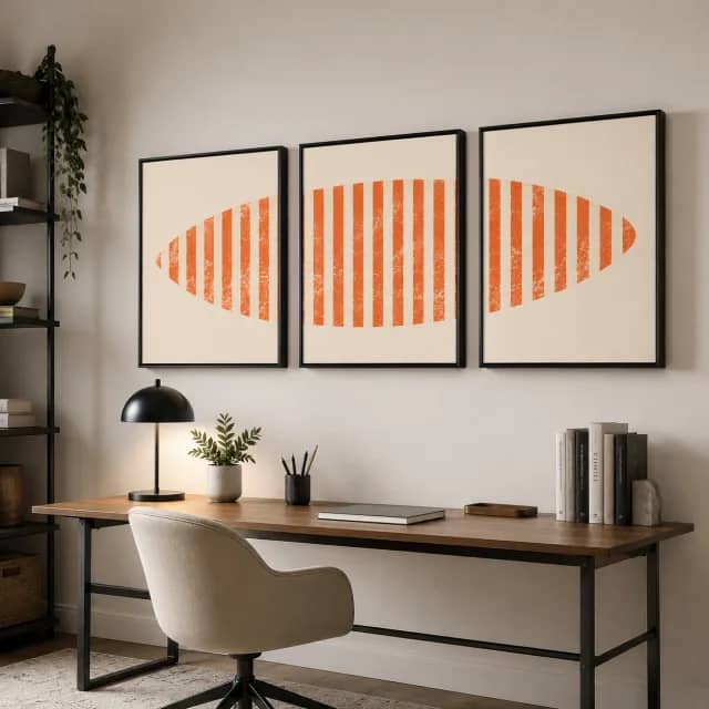 Coral Rhythm Triptych as three black-framed panels above a clean modern home office desk