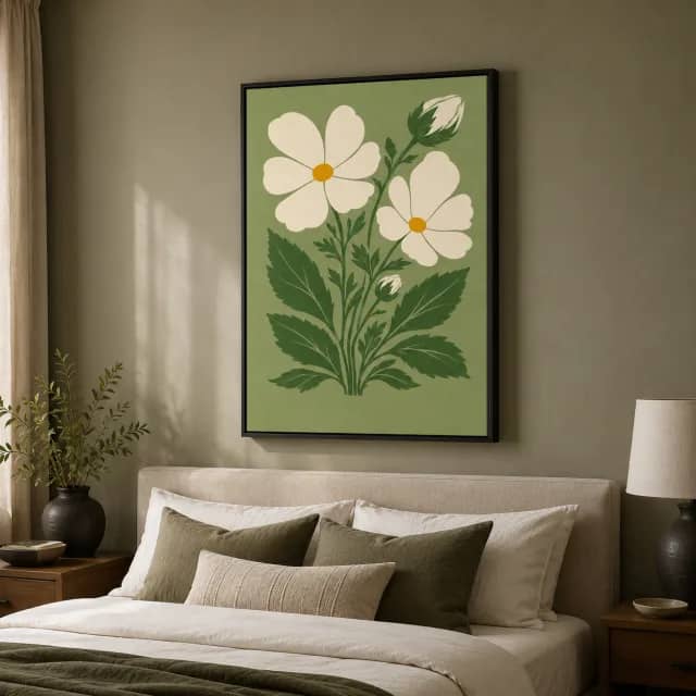 White flower artwork in a black frame above a calm olive and ivory bedroom