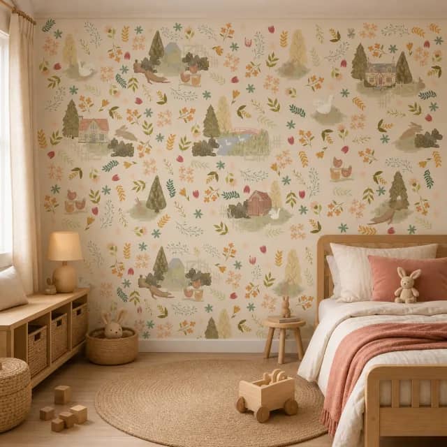Countryside animal mural in a warm children's bedroom