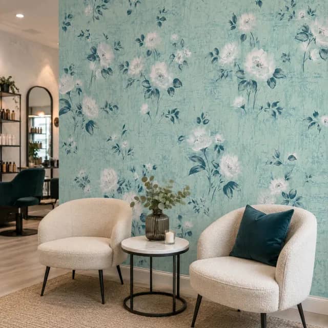 Aqua floral wallpaper installed as a full wall in a calm interior