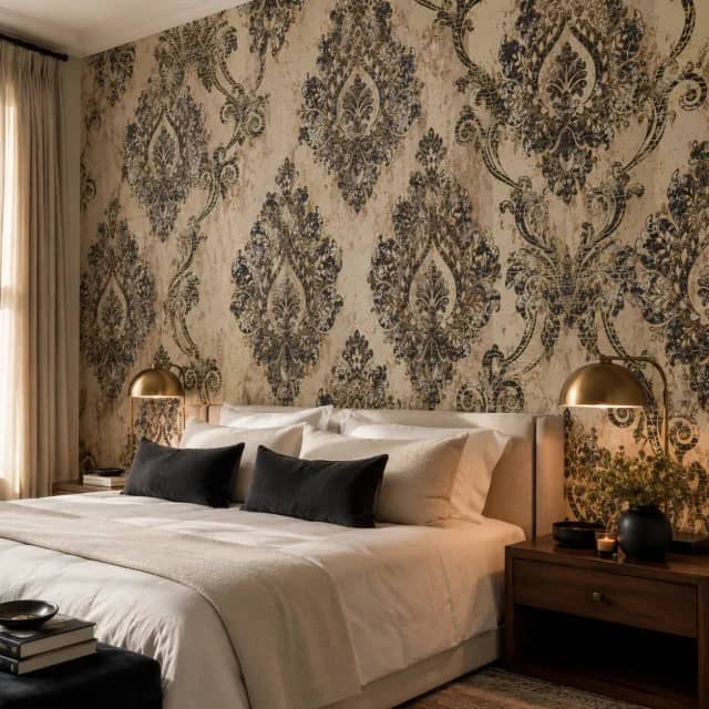 Classic damask wallpaper behind a boutique hotel bed with warm lighting