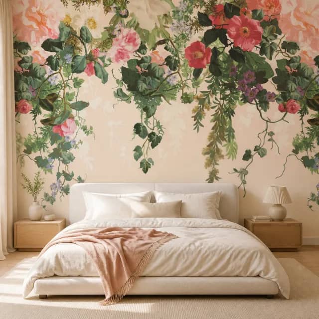 Cascading floral mural in a calm peach-toned bedroom