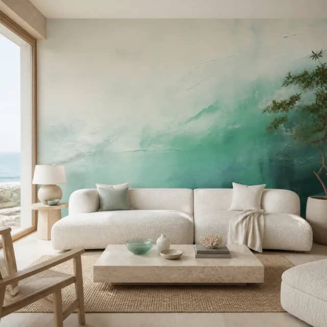 Coastal living room with a large turquoise abstract mural