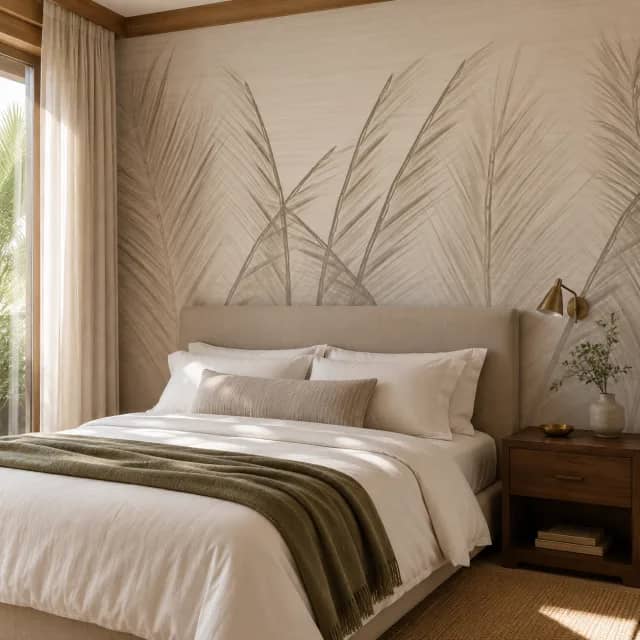 Beige palm frond wallpaper installed behind a calm hotel-style bed