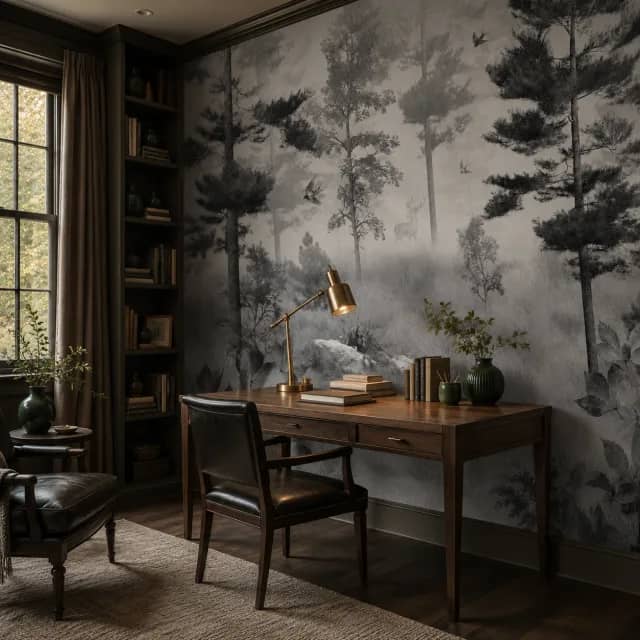 Misty tree wallpaper mural in a study and reading corner
