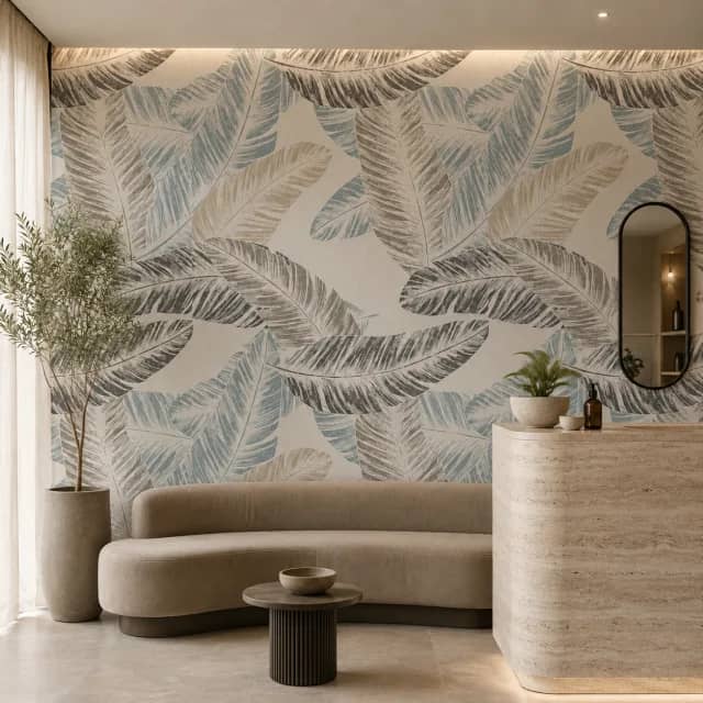 Tropical leaf wallpaper installed in a calm coastal living room