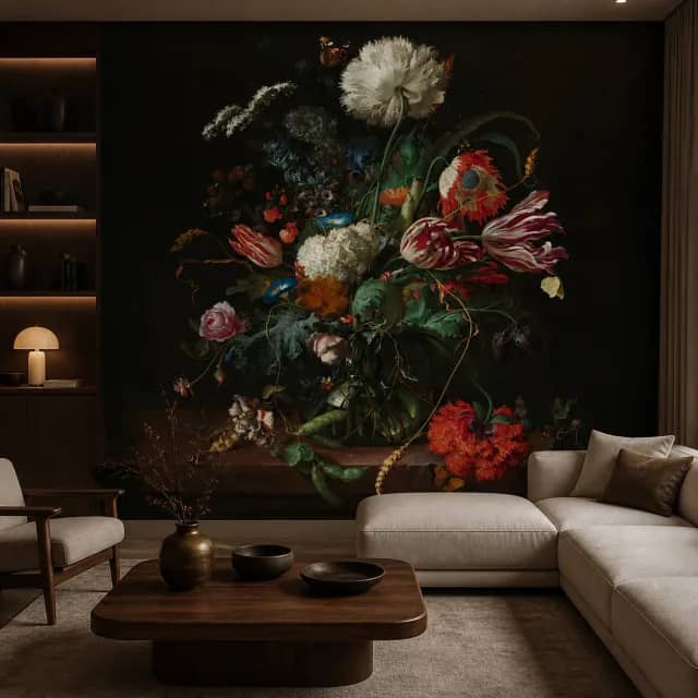 Dark floral mural installed across a luxury living room wall