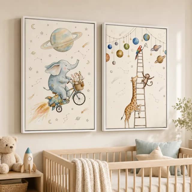 Little Star Voyage in white frames above a natural wood crib