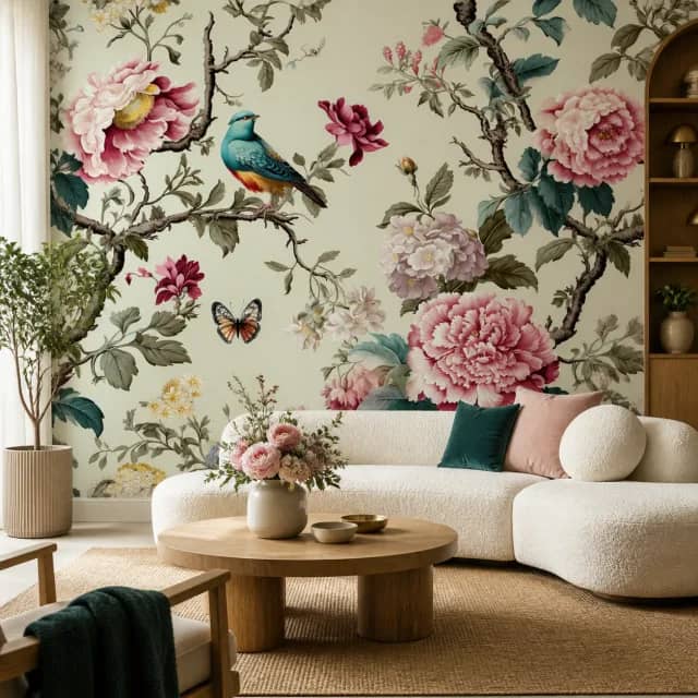 Bird and pink flower mural installed in an elegant living room