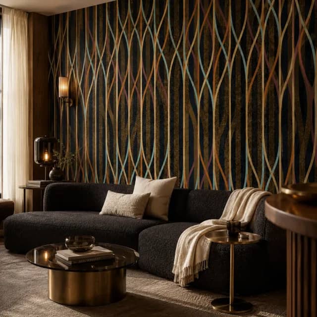Dark abstract mural wallpaper installed in an upscale lounge