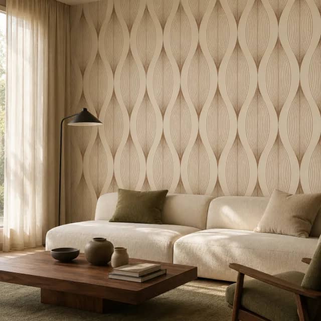 Beige geometric wallpaper installed in a living room with a light sofa and wood table