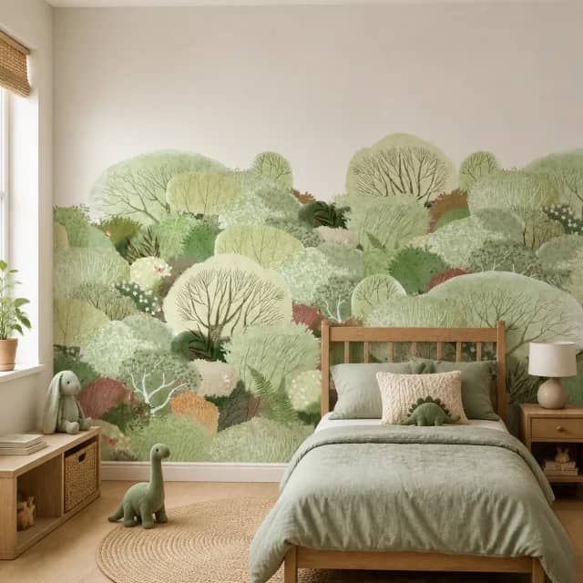 Watercolor woodland mural installed in a calm children's bedroom