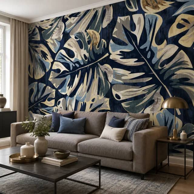 Navy tropical leaves wallpaper installed in a contemporary living room