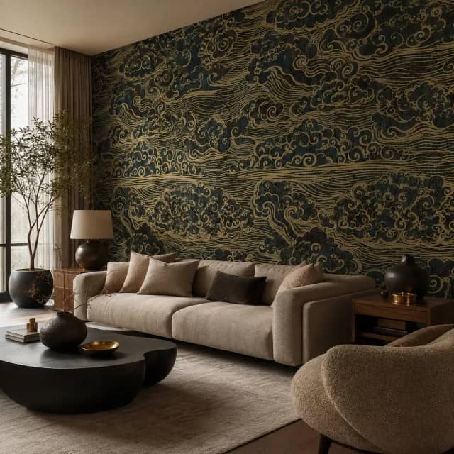 Golden Cloud Waves wallpaper installed in a modern living room