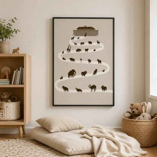Little Companions Journey white framed canvas above a crib in a calm beige nursery
