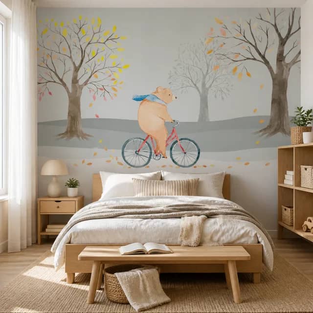 Bear bicycle mural behind a timber bed in a calm kids bedroom