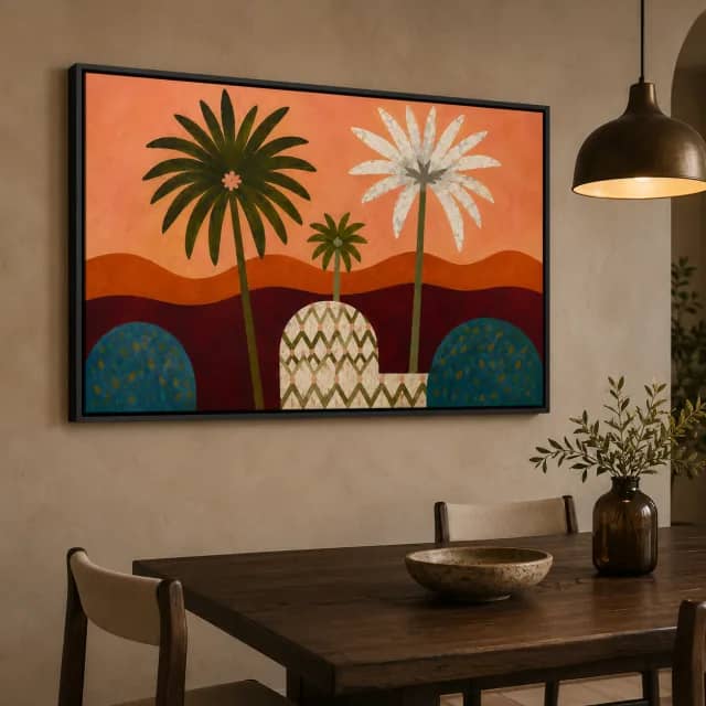 Sunset Folk Garden in an elegant dining corner with a black frame