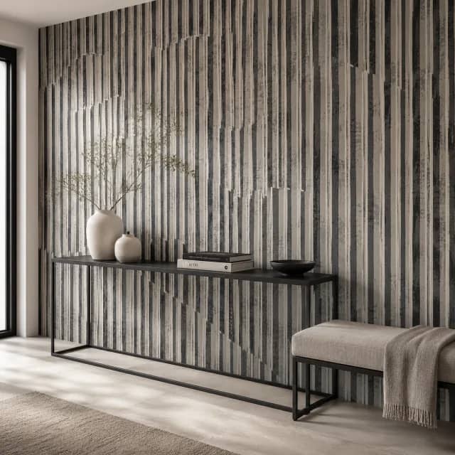 Gray line mural in a modern entry with a slim black console